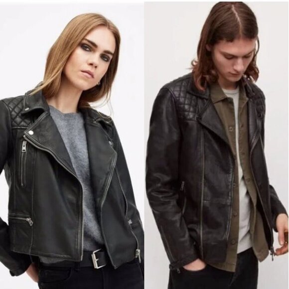 ALLSAINTS Men's/Unisex Conroy Crinkled Leather Biker Moto Jacket Black Olive XS - Picture 4 of 16